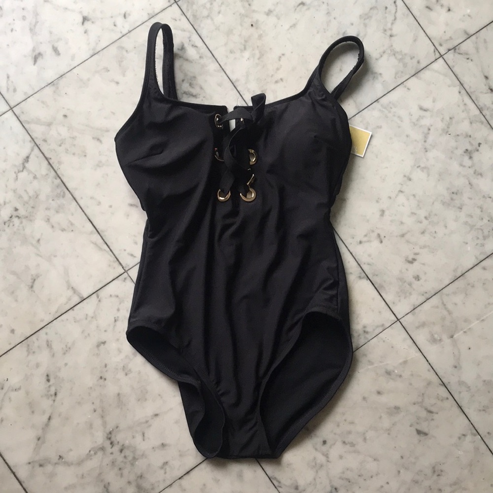 Michael Kors Women's Black Lace Up with Gold Grommets One Piece Swimsuit size 14